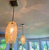Two pendant lights hanging from a ceiling with a windowed room in the background.