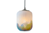 Glass pendant light with middle level light, with a gradient of colors on a white background