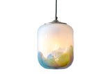 Glass pendant light turned on with a gradient of colors on a white background