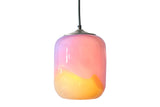 Multicolored glass pendant light with full lighting on a white background