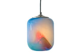 Multicolored glass pendant light with colors of pink, yellow, green, and blue on a white background