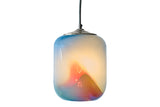 Multicolored glass pendant light with vibrant colors of peach, honey, green, and blue on a white background, fully turned on