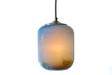 Sunset glass pendant with a gradient of blues and yellows at a mid-level of lighting, on a white background