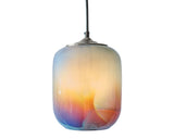 Multicolored sunset-themed pendant with light on, on a white background