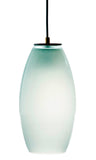 An oval ELETTRA celadon glass pendant with a gentle light brightening the glass on a white background.