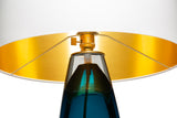 A close-up of the socket and interior gold top of the blue glass SERAFINA lamp