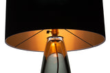A close-up of a grey glass base, black top with copper interior, copper wired lamp on a white background.