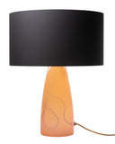 A table lamp with a rose quartz glass base and a charcoal-colored shade with a copper interior, complemented by a black linen shade.