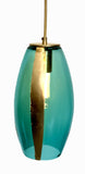 A teal ELETTRA pendant light fully on with a gold metal contour strip upgrade on a white background