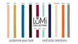 Chord color chart, including copper, gold, corsica, bronze, garnet, sea, navy, champagne, orange, and grey with a LUMI Collection logo in the middle, showing one's options for their ELETTRA pendant's cord color.