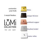 Metal finish color chart, including brass, antique bronze, polished copper, brushed nickel, and matte white, with a LUMI Collection logo to the left, showing one's options for their ELETTRA pendant's metal finishes.