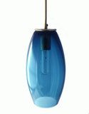 A deep blue oval-shaped glass pendant  light turned off on a white background